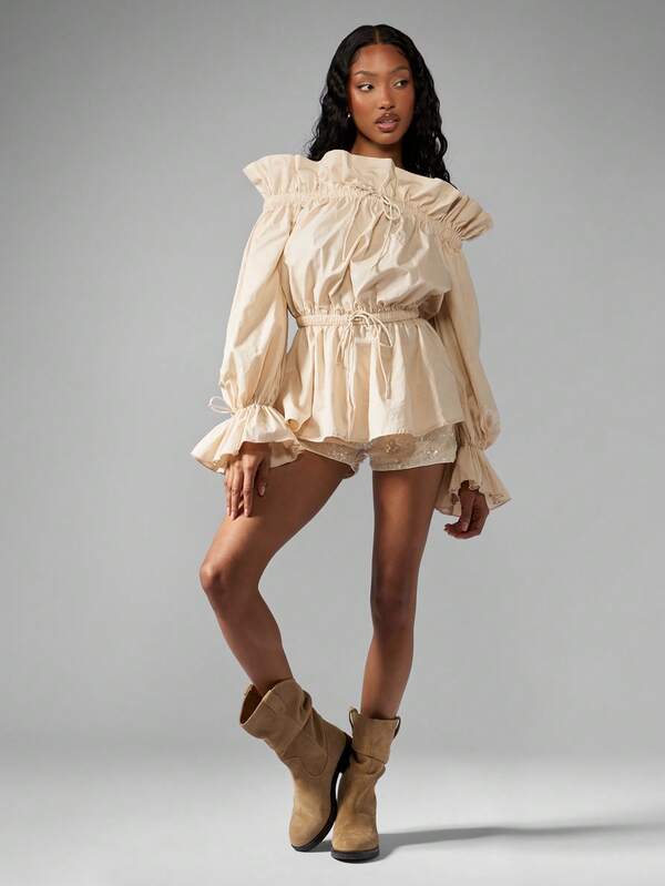 Missguided MISSGUIDED Elegant Statement Puff Sleeve Ruffle Blouse With Shirred Waist