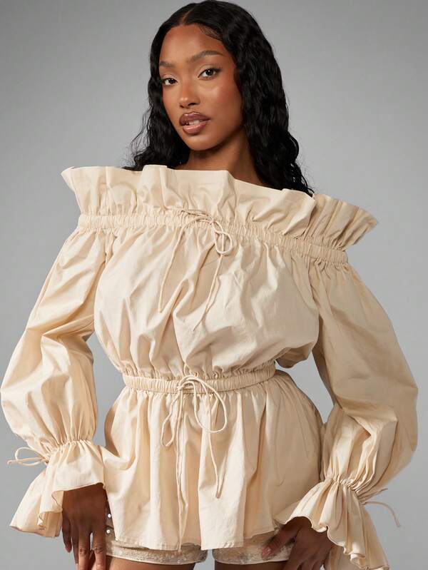 Missguided MISSGUIDED Elegant Statement Puff Sleeve Ruffle Blouse With Shirred Waist