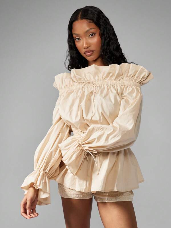 missguided MISSGUIDED Elegant Statement Puff Sleeve Ruffle Blouse With Shirred Waist