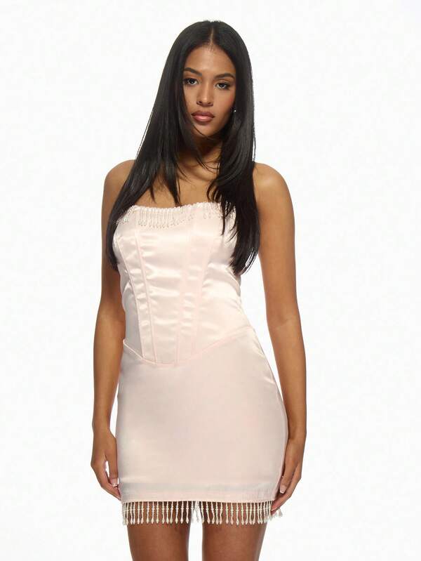 Missguided MISSGUIDED Elegant Strapless Bandeau Mini Dress With Beaded Fringe Trim