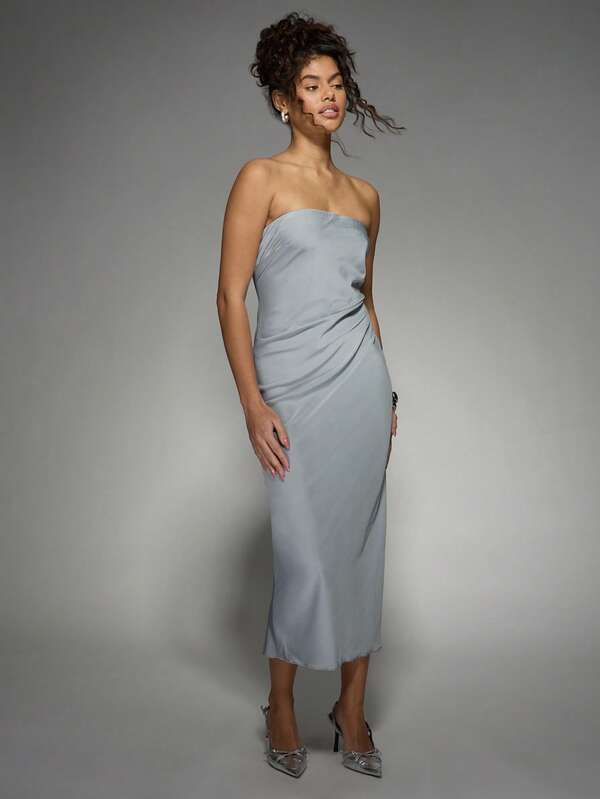 Missguided MISSGUIDED Elegant Strapless Bandeau Satin Midi Dress
