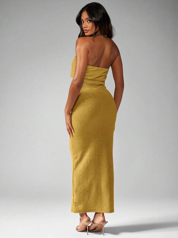 Missguided MISSGUIDED Elegant Strapless Lurex Ribbed Bodycon Maxi Dress