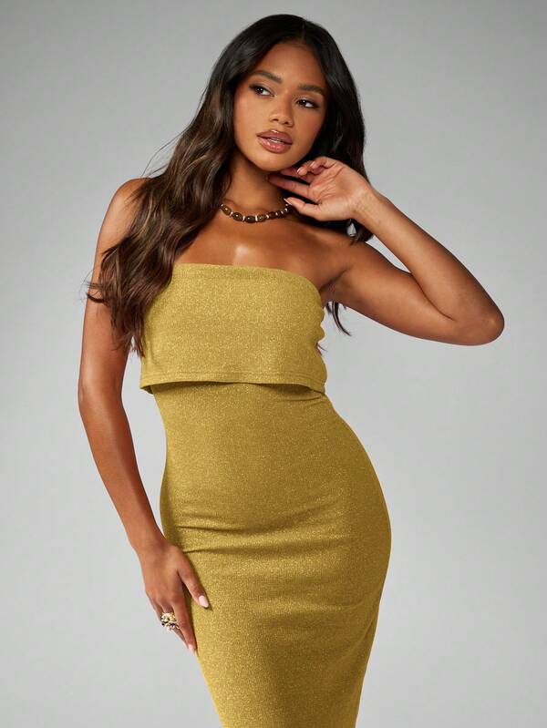 Missguided MISSGUIDED Elegant Strapless Lurex Ribbed Bodycon Maxi Dress