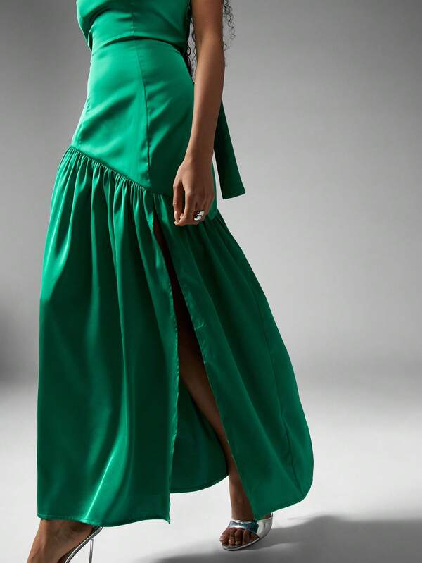 Missguided MISSGUIDED Elegant Strapless Satin Side Slit Long Dress