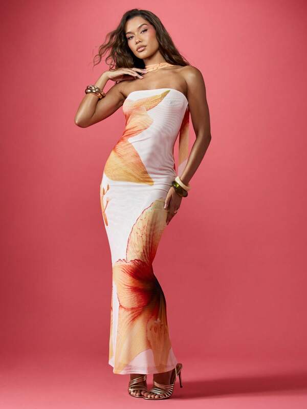 missguided MISSGUIDED Elegant Strapless Watercolor Print Maxi Dress