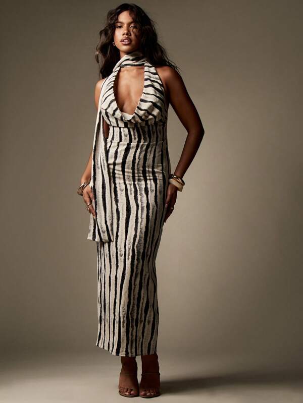 missguided MISSGUIDED Elegant Striped Cowl Neck Halter Maxi Dress