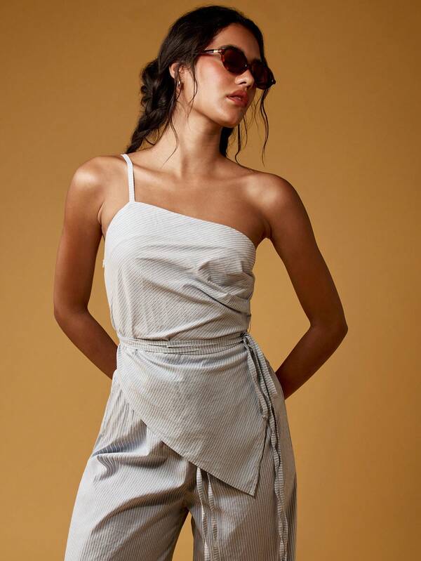 Missguided MISSGUIDED Elegant Striped One Shoulder Wrap Wide Leg Co-Ord Two-Piece Outfit