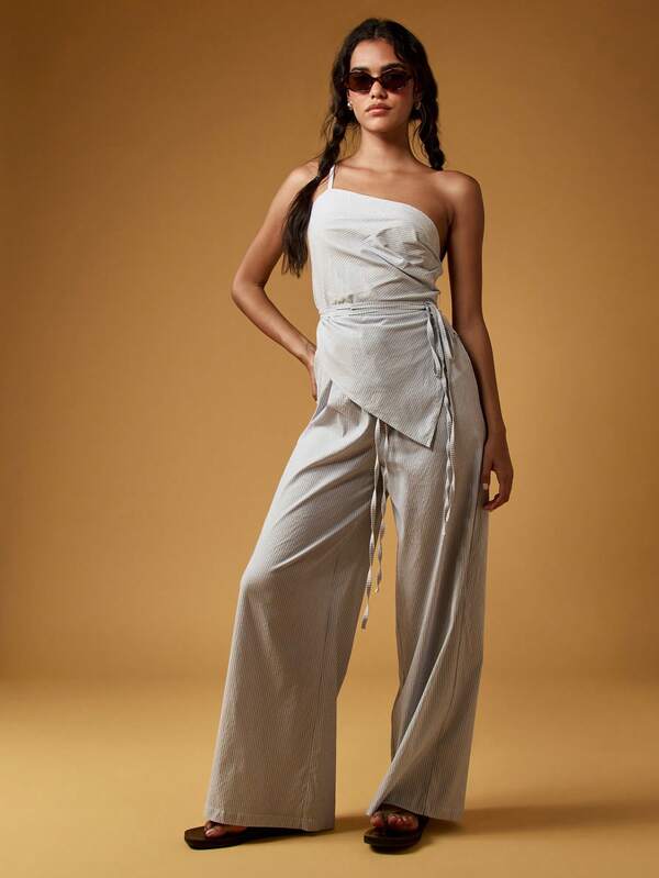Missguided MISSGUIDED Elegant Striped One Shoulder Wrap Wide Leg Co-Ord Two-Piece Outfit