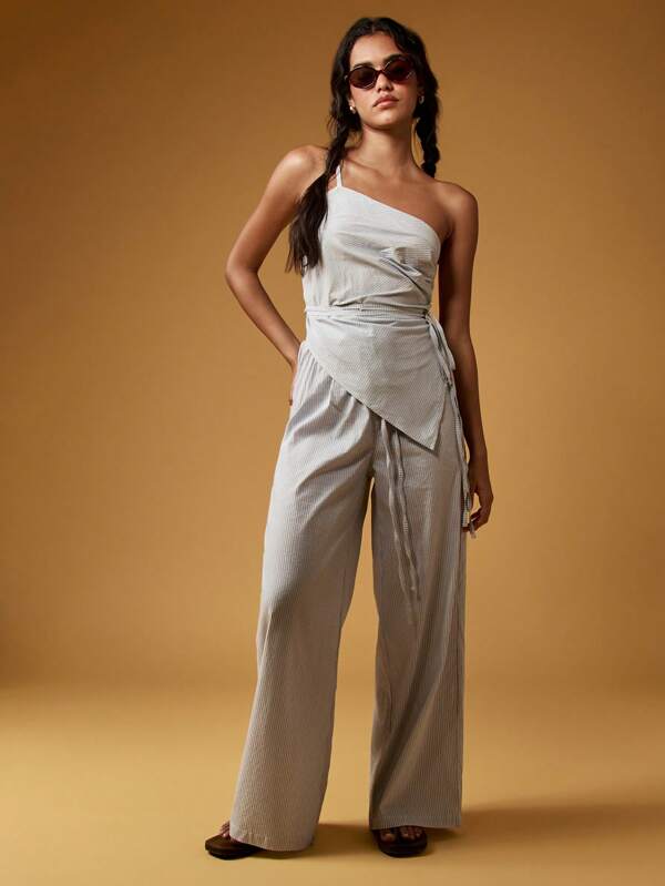 missguided MISSGUIDED Elegant Striped One Shoulder Wrap Wide Leg Co-Ord Two-Piece Outfit