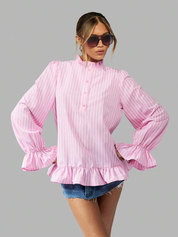Missguided MISSGUIDED Elegant Striped Ruffle Puff Sleeve Blouse