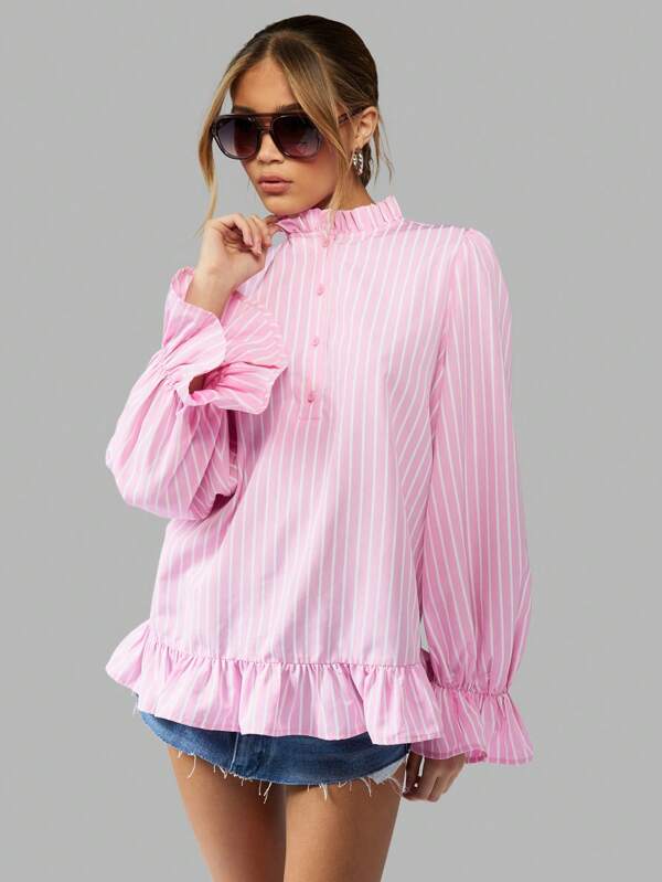 missguided MISSGUIDED Elegant Striped Ruffle Puff Sleeve Blouse
