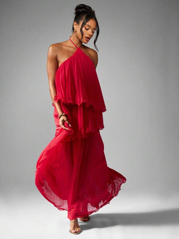 missguided MISSGUIDED Elegant Tiered Layered Halter Neck Pleated Maxi Dress