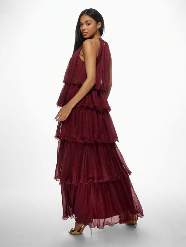 Missguided MISSGUIDED Elegant Tiered Ruffle Shimmer Chiffon Halter Neck Maxi Dress