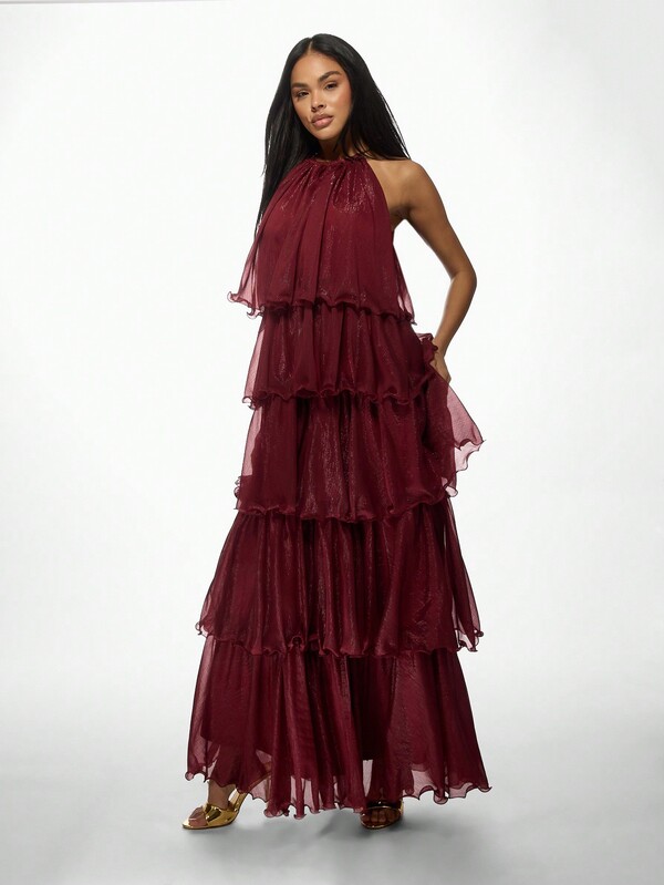 Missguided MISSGUIDED Elegant Tiered Ruffle Shimmer Chiffon Halter Neck Maxi Dress