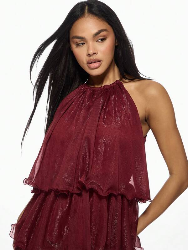 Missguided MISSGUIDED Elegant Tiered Ruffle Shimmer Chiffon Halter Neck Maxi Dress