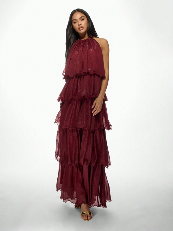 missguided MISSGUIDED Elegant Tiered Ruffle Shimmer Chiffon Halter Neck Maxi Dress