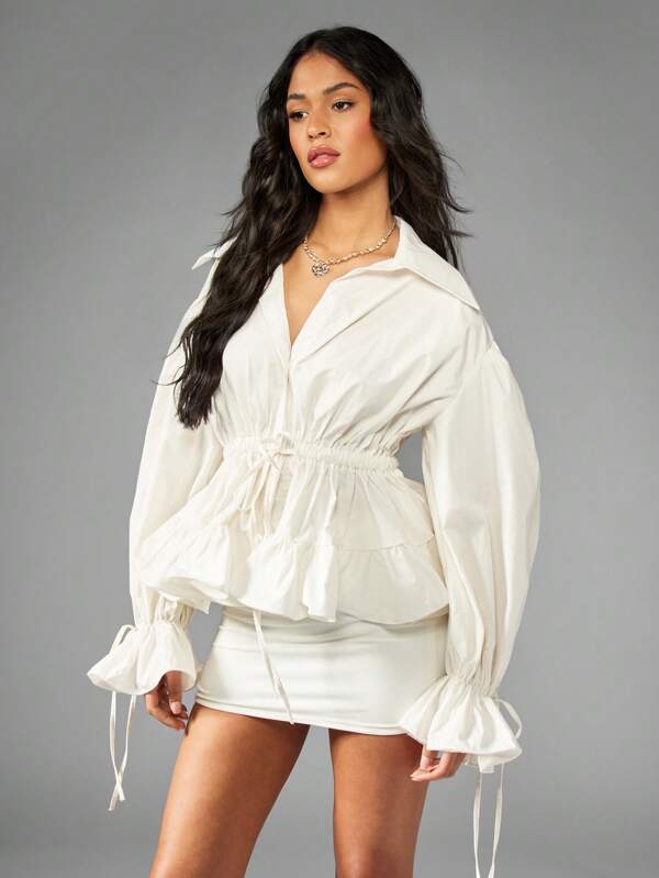 missguided MISSGUIDED Elegant Victorian Style Drawstring Waist Collared Tops