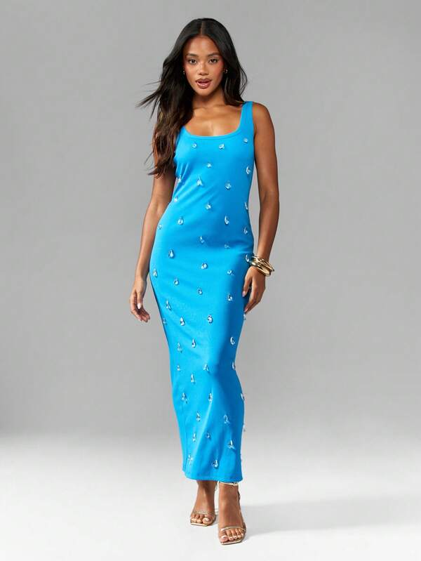 Missguided MISSGUIDED Embellished Bodycon Midi Dress Crystal Beading Sparkle