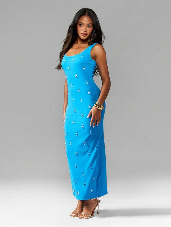 missguided MISSGUIDED Embellished Bodycon Midi Dress Crystal Beading Sparkle