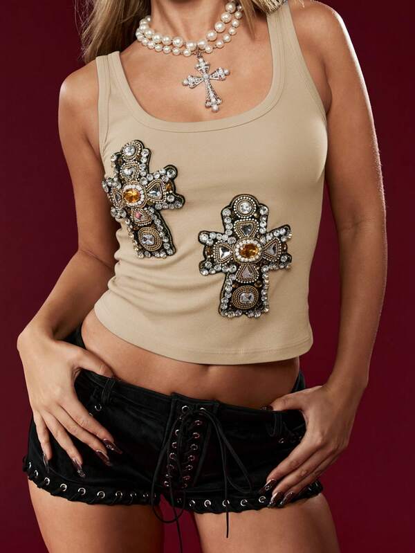 missguided MISSGUIDED Embellished Cross Patch Tank Top