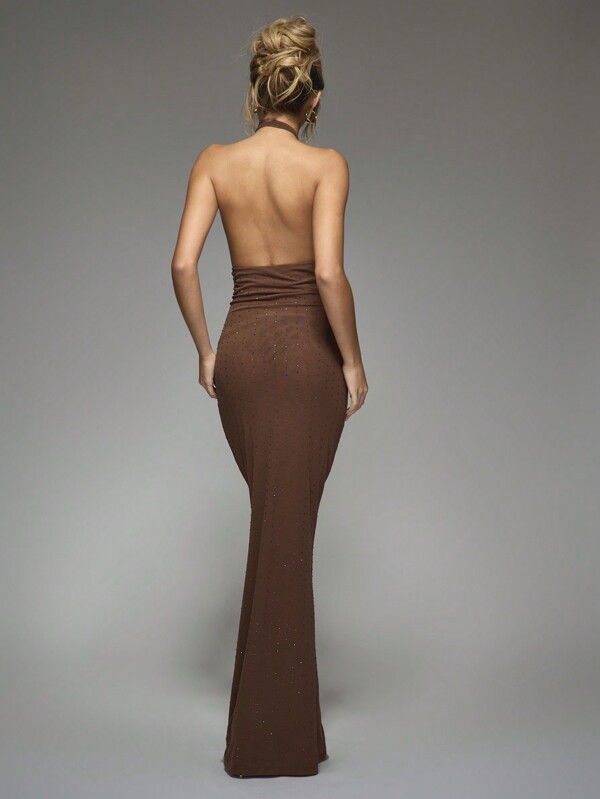 Missguided MISSGUIDED Embellished Cut-Out Cross Halter Neck Backless Flare Hem Maxi Dress