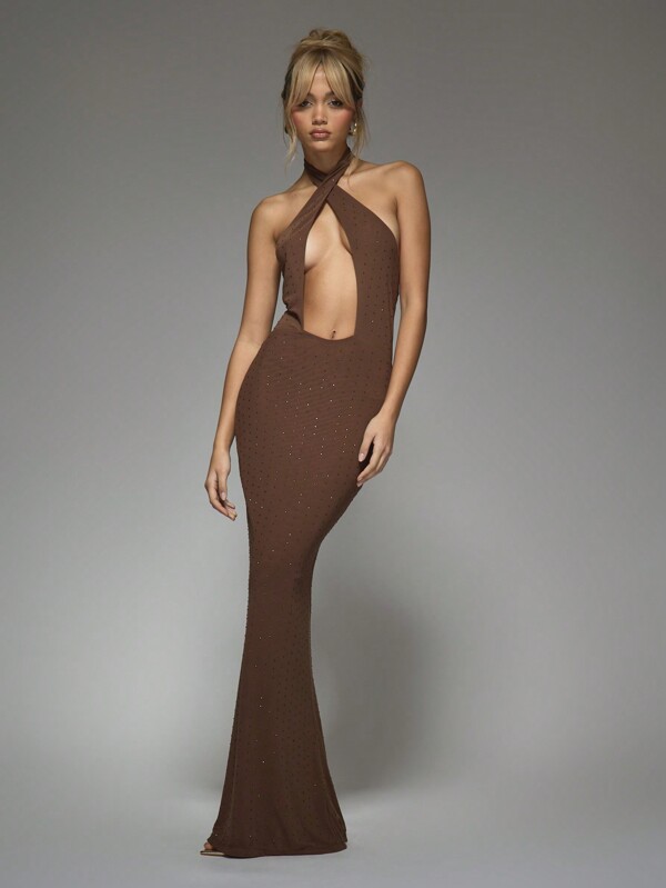 missguided MISSGUIDED Embellished Cut-Out Cross Halter Neck Backless Flare Hem Maxi Dress