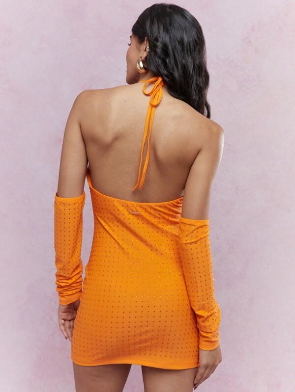 Missguided MISSGUIDED Embellished Cut-Out Halter Neck Ruched Bodycon Mini Dress With Long Sleeves