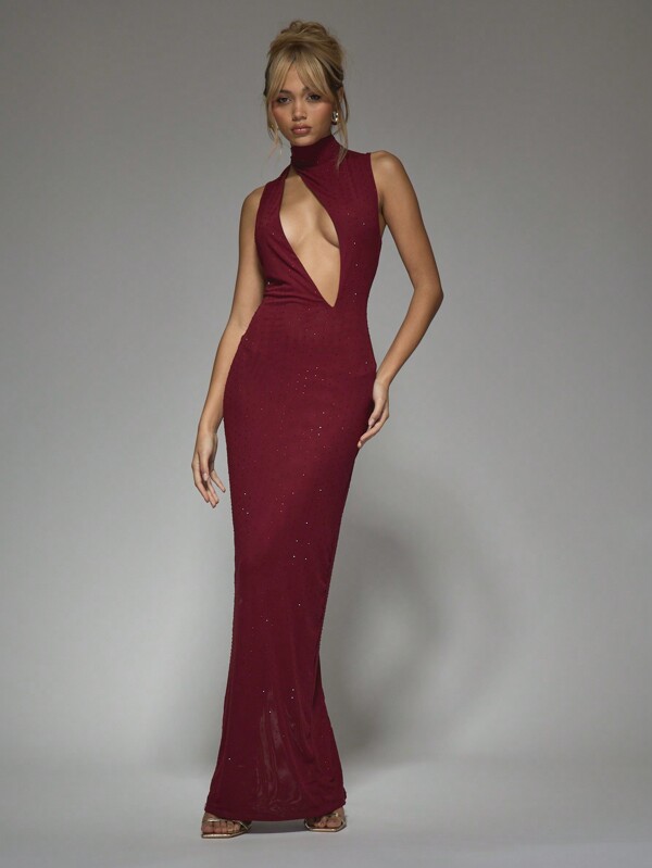 missguided MISSGUIDED Embellished Double Layered Mesh High Neck Slash Cut-Out Bust Detail Sleeveless Flare Hem Maxi Dress