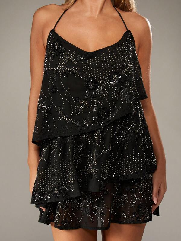 Missguided MISSGUIDED Embellished Halter Mini Dress With Ruffle Tiers