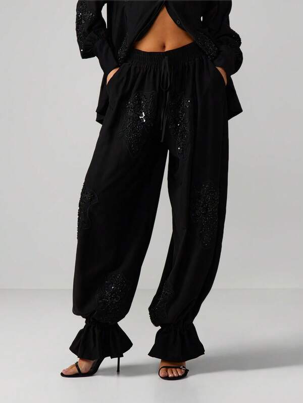 missguided MISSGUIDED Embellished Satin Balloon Trousers With Ruffle Hem