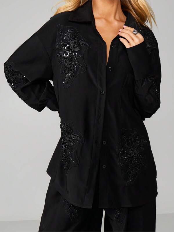 Missguided MISSGUIDED Embellished Satin Shirt With Sequin Details