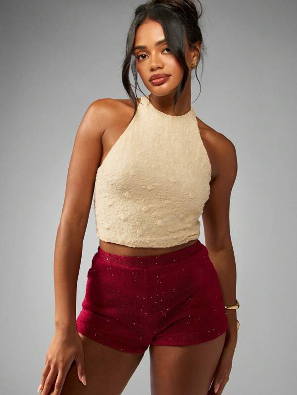 missguided MISSGUIDED Embellished Stretchy Cami With Halter Neck Open Back Crop