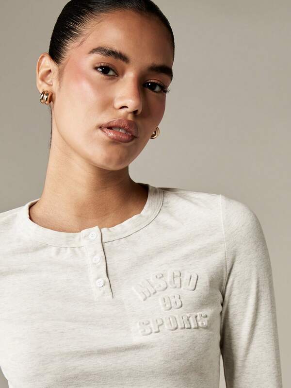 Missguided MISSGUIDED Embossed Logo Button Henley Long Sleeve Top