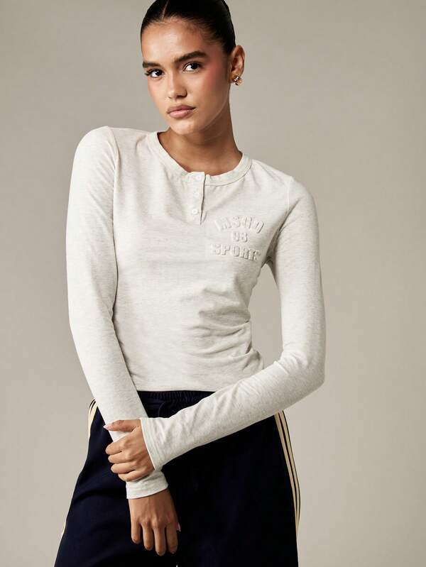 missguided MISSGUIDED Embossed Logo Button Henley Long Sleeve Top