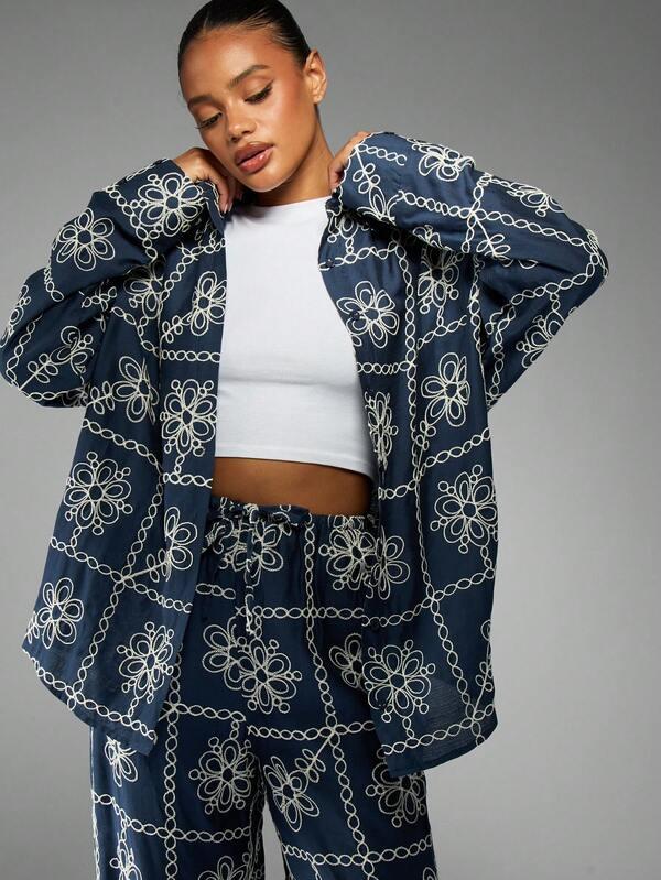 Missguided MISSGUIDED Embroidered Chain Floral Coord With Wide Leg Pants