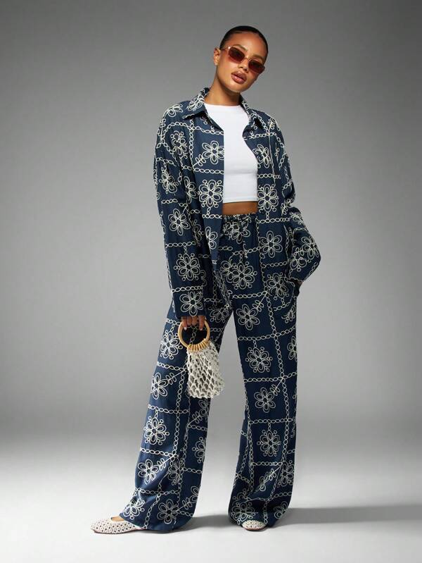 missguided MISSGUIDED Embroidered Chain Floral Coord With Wide Leg Pants