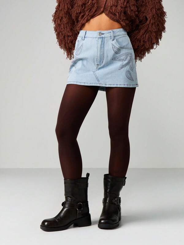Missguided MISSGUIDED Embroidered Denim Mini Skirt With Paisley Pattern