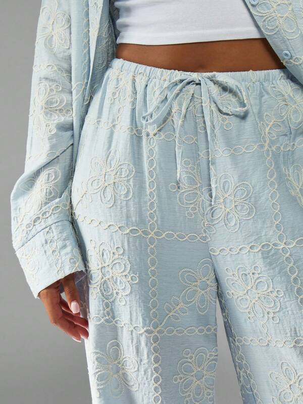 Missguided MISSGUIDED Embroidered Floral Shirt And Wide Leg Palazzo Pants Set