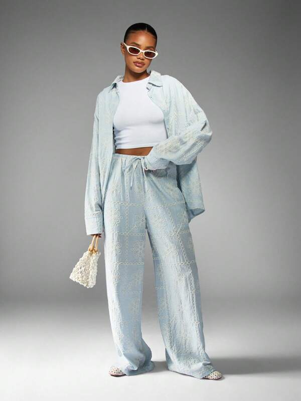 missguided MISSGUIDED Embroidered Floral Shirt And Wide Leg Palazzo Pants Set