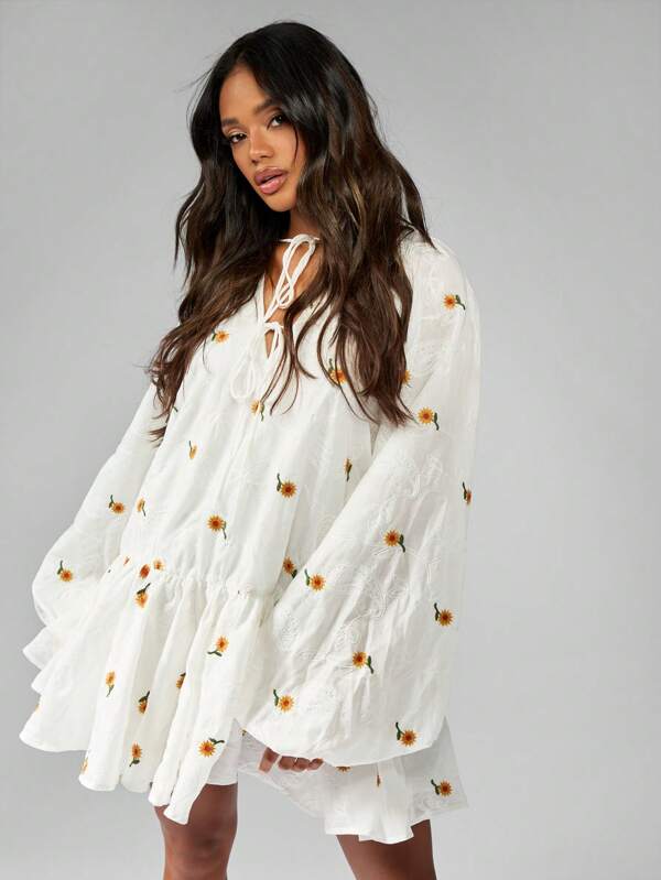 missguided MISSGUIDED Embroidered Floral Tiered Mini Smock Dress