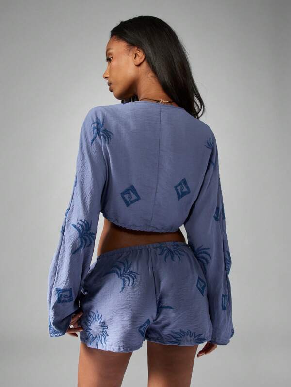 Missguided MISSGUIDED Embroidered Linen Feel Co-Ord Set With Palm Design