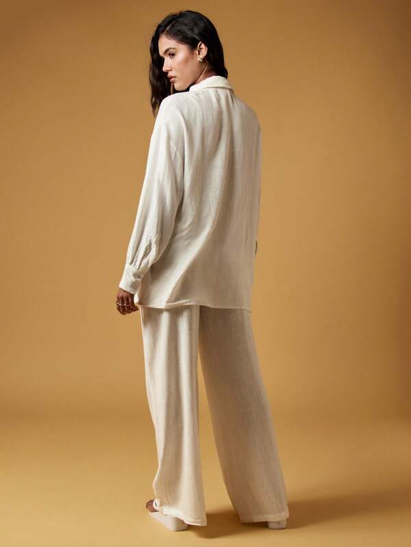 Missguided MISSGUIDED Embroidered Linen Wide Leg Lounge Shirt Pants Set
