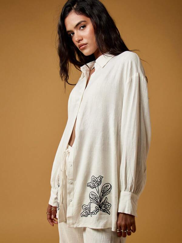 Missguided MISSGUIDED Embroidered Linen Wide Leg Lounge Shirt Pants Set