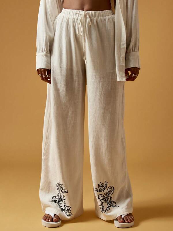 Missguided MISSGUIDED Embroidered Linen Wide Leg Lounge Shirt Pants Set
