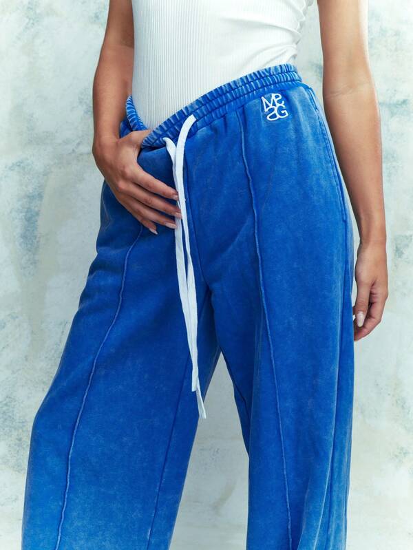 Missguided MISSGUIDED Embroidered Logo Denim Look Wide Leg Drawstring Sweatpants