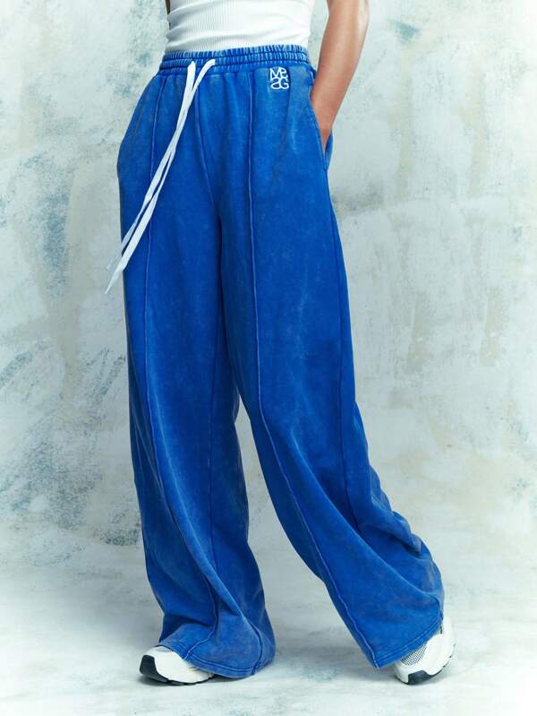 missguided MISSGUIDED Embroidered Logo Denim Look Wide Leg Drawstring Sweatpants