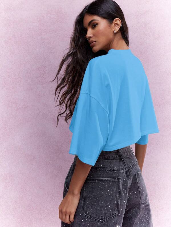 Missguided MISSGUIDED Embroidered Logo Dropped Shoulder Loose Fit Crop T-Shirt