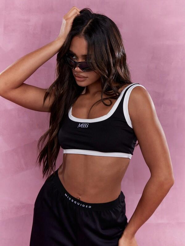 missguided MISSGUIDED Embroidered Logo Ribbed Contrast Binding Square Neck Crop Tank Top