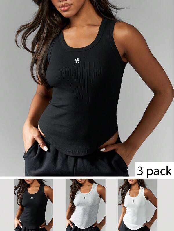 missguided MISSGUIDED Embroidered Logo Ribbed Curve Hem Tank Top Pack Of 3