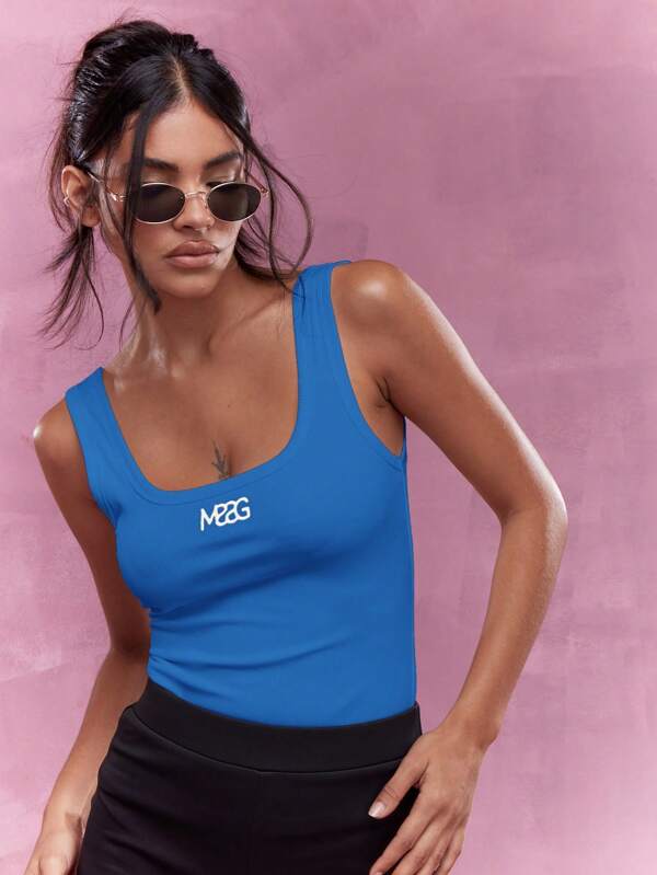 missguided MISSGUIDED Embroidered Logo Ribbed Square Neck Tank Top
